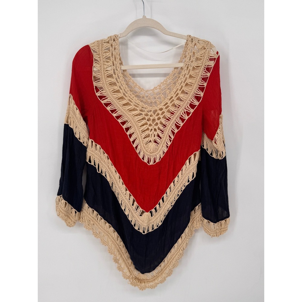 Umgee Top Womens S Red Navy EUC Crochet Fringe Chevron Boho B5507
